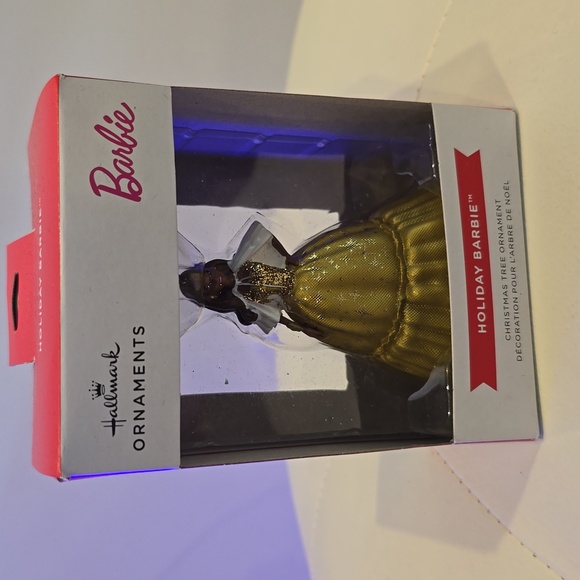 2023 Christmas barbie holiday hallmark Ornament New Gold Dress White Cape Black - Picture 2 of 5